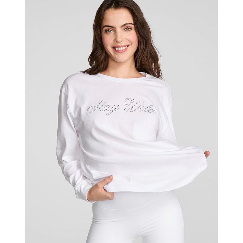 PINK Victoria's Secret Stay Wild Rhinestone Long Sleeve Tee White XXL Relaxed